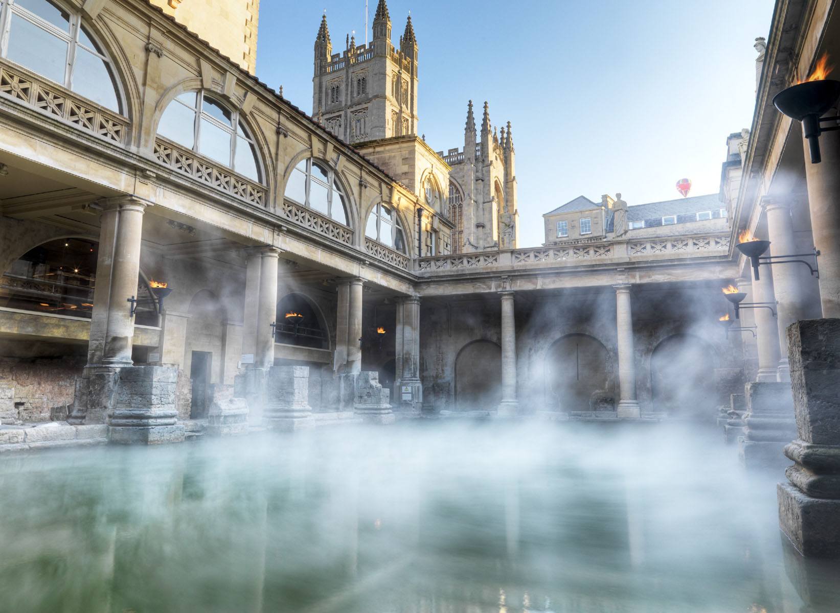 The Great Bath at the Roman Baths, with views of Bath Abbey