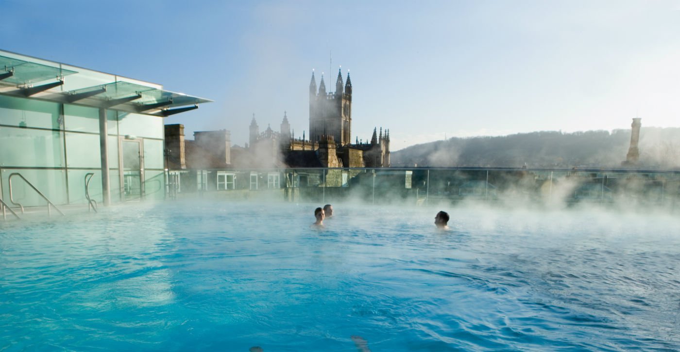 Thermae Bath Spa's Rooftop Pool with views of Bath Abbey
