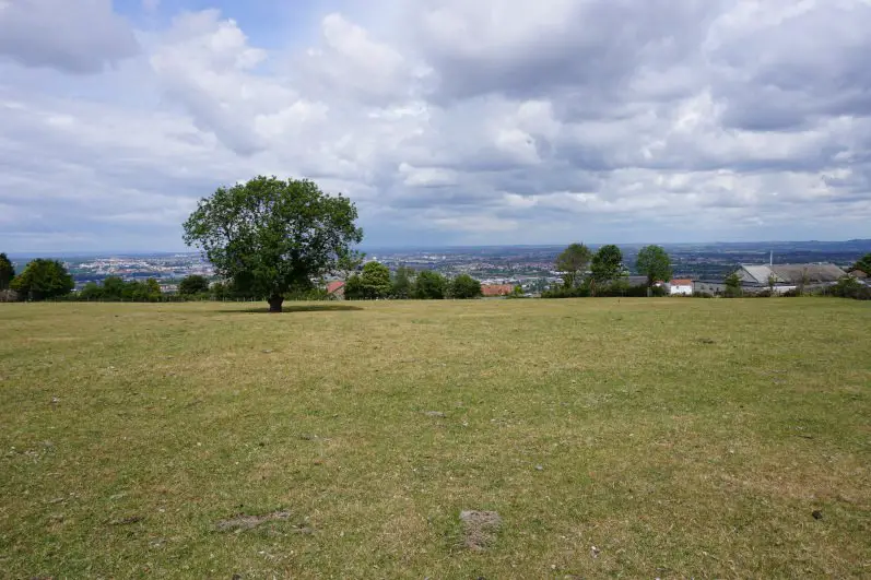 Views of the city of Bristol and the village and church of Dundry from a field
