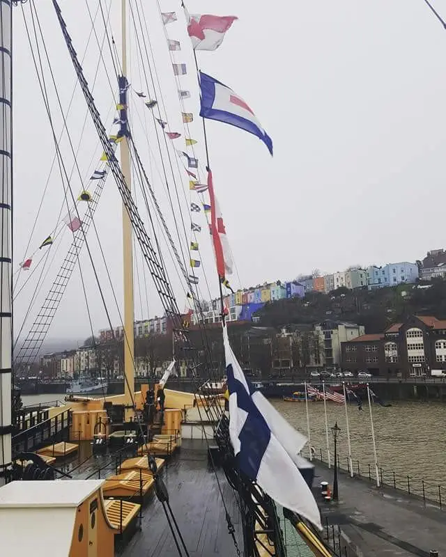 View of Hotwells' colourful houses from Bristol's SS Great Britain