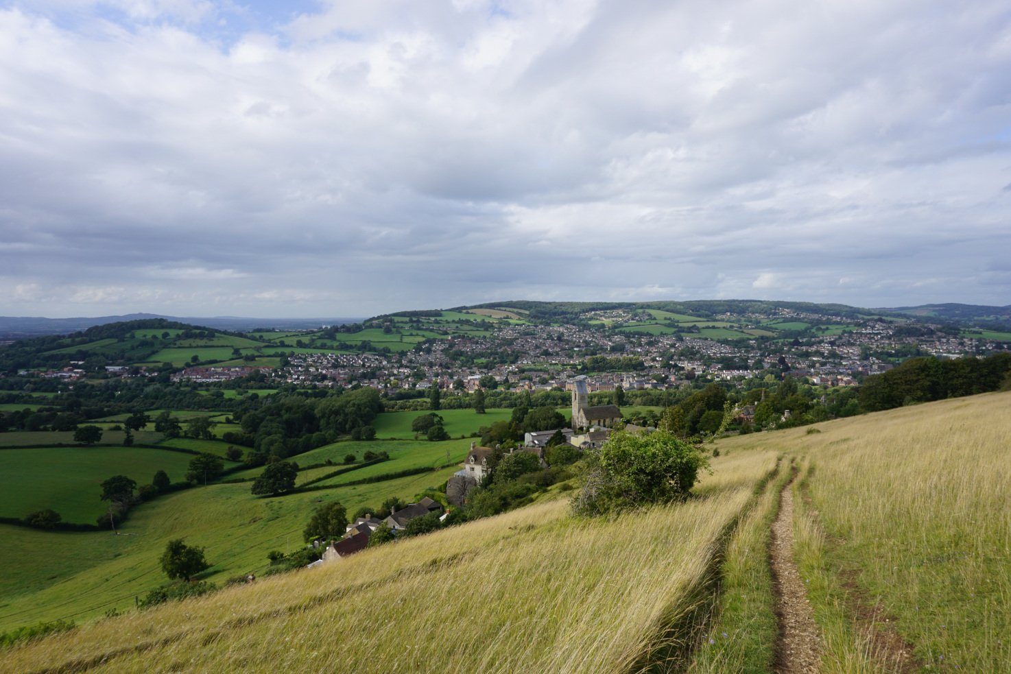 Great views of the Stroud valley while walking along the Cotswold Way in Selsley Common