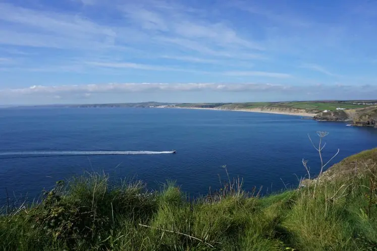 View from South West Coastal path of Gunwalloe coast and beach in Cornwall