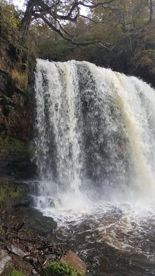 Tumbling waters of Swyd y Eira waterfall in autumn