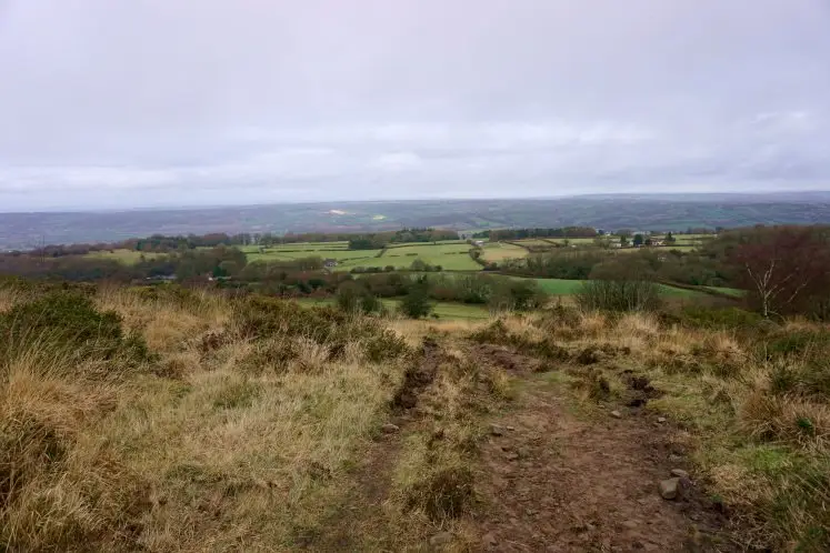 Walking up the hill of Black Down with views of the Mendip Hills and the Somerset Levels