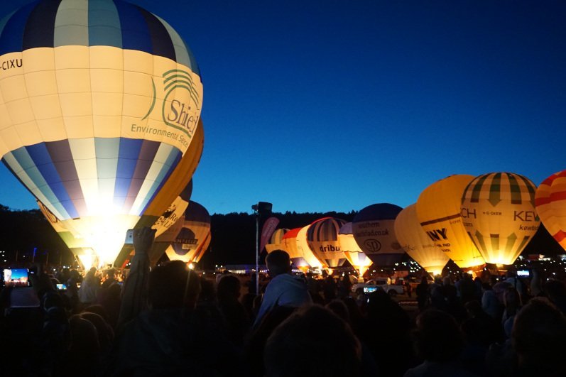 Lit up hot air balloons during the Bristol Balloon Fiesta
