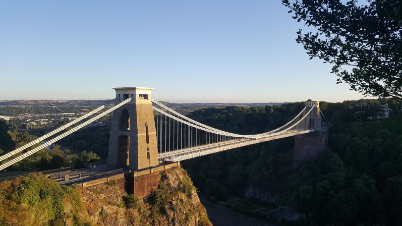 View from Observatory Hill of the Clifton Suspension Bridge and green Somerset hills