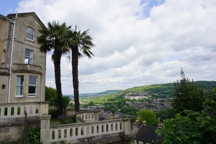 Views of rows of terraced houses from Camden Crescent, a key landmark in Jane Austen's Bath