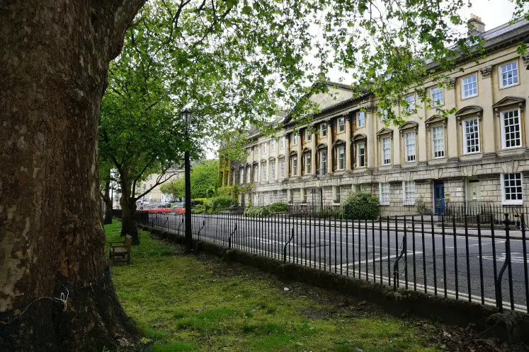 The striking Georgian architecture of Queen Square in Bath, a stop in the Bath walking tour