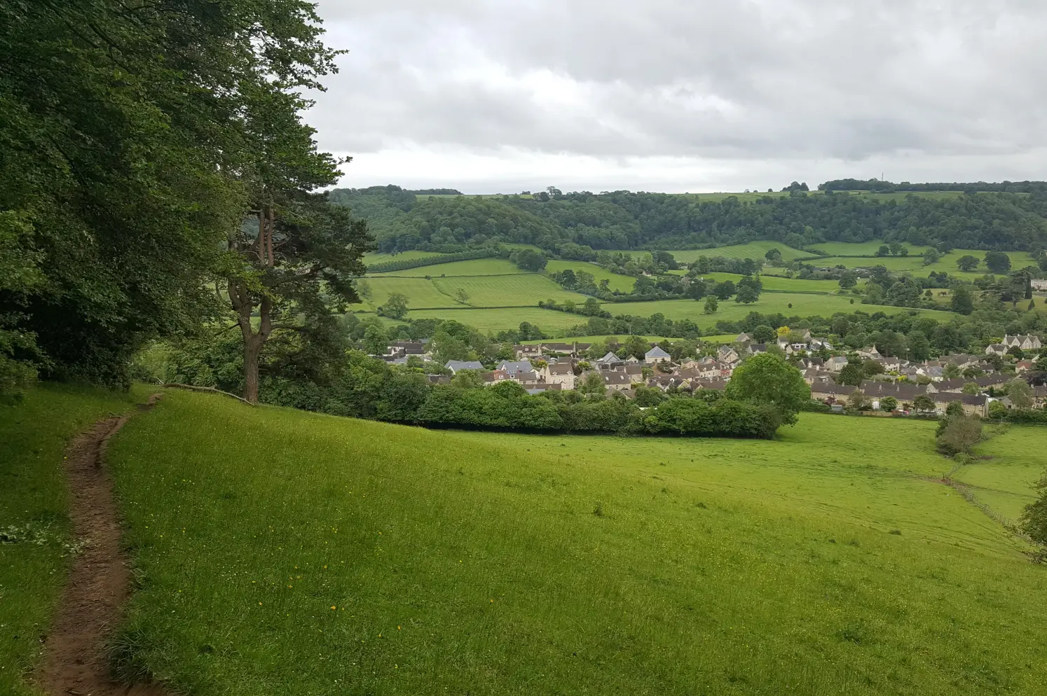 Views of Uley village nested in Cotswold valley