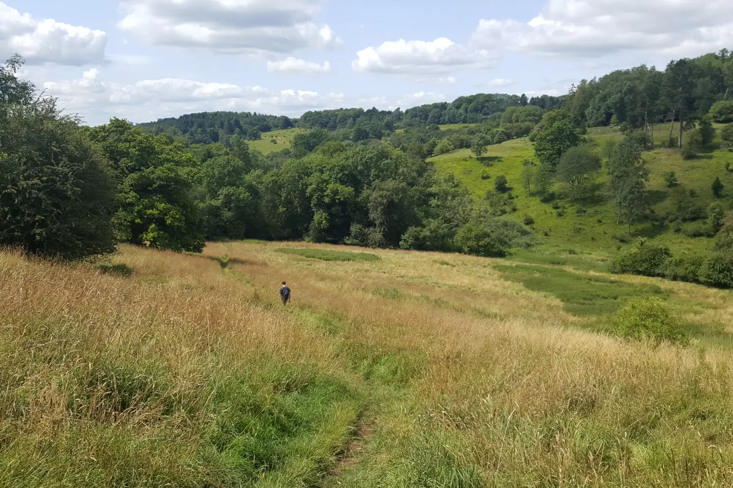 Walking across a valley along the Wysis Way near Stroud in the Cotswolds