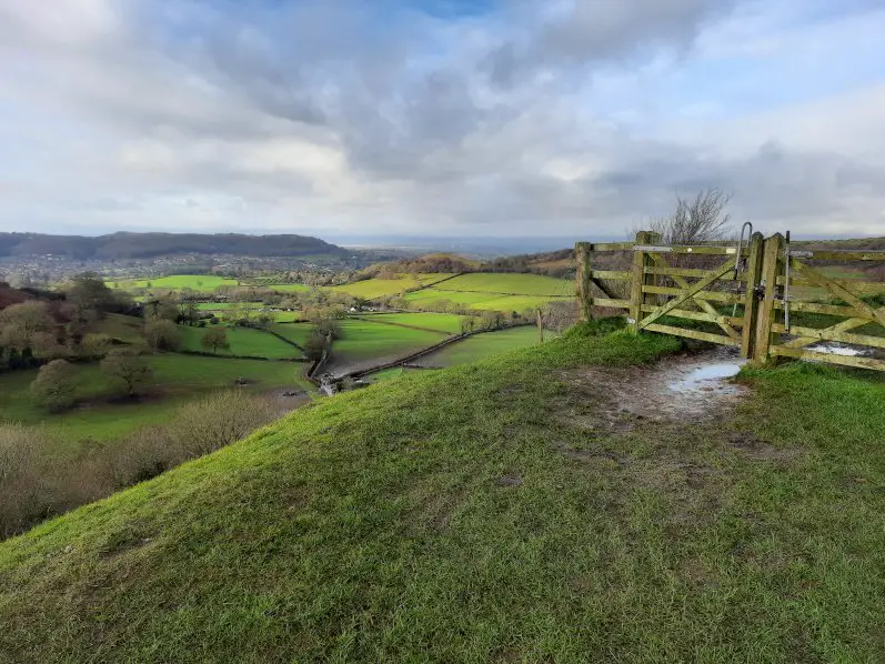 Views of the Cotswold escarpment from Uley Bury